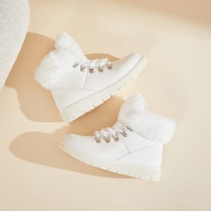 White Fur Leather Ankle Boots