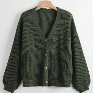 Balloon Sleeves Button Olive Cardigan