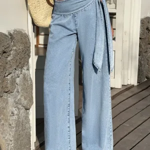 Tie-Belt Wide Leg Jeans